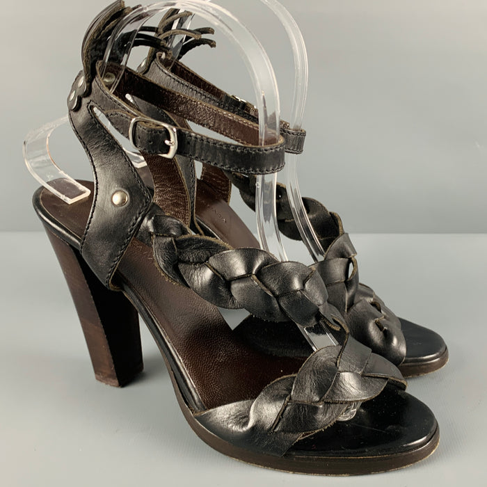 BALENCIAGA Size 8 Black Brown Leather Braided Chunky Heel Sandals