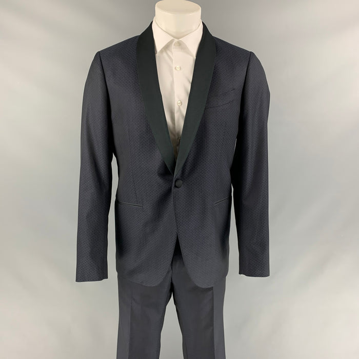 ETRO Size 40 Navy Rhombus Wool / Silk Shawl Collar Suit