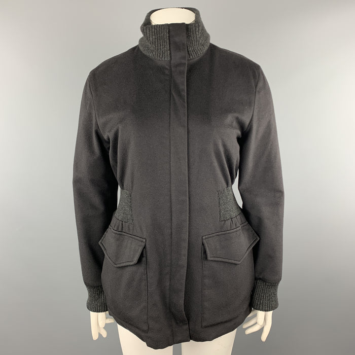 LORO PIANA Size 10 Charcoal Cashmere High Collar Ribbed Waist STORM SYSTEM Jacket