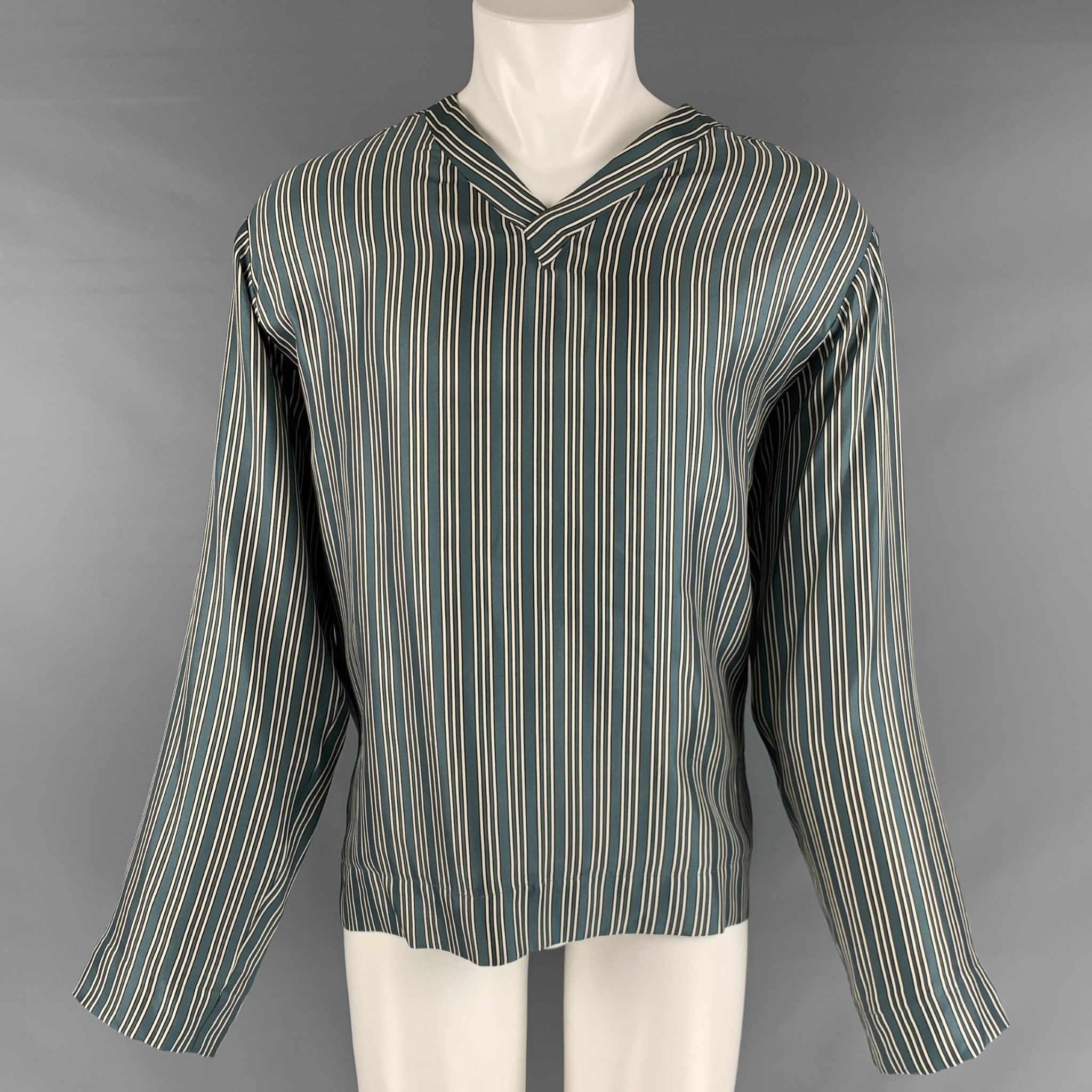 OAMC Size M Blue Black & White Vertical Stripe Silk Pop-Over Long Sleeve  Shirt