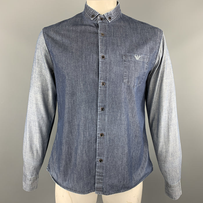 EMPORIO ARMANI Size XL Indigo Two Toned Cotton Button Down Long Sleeve Shirt