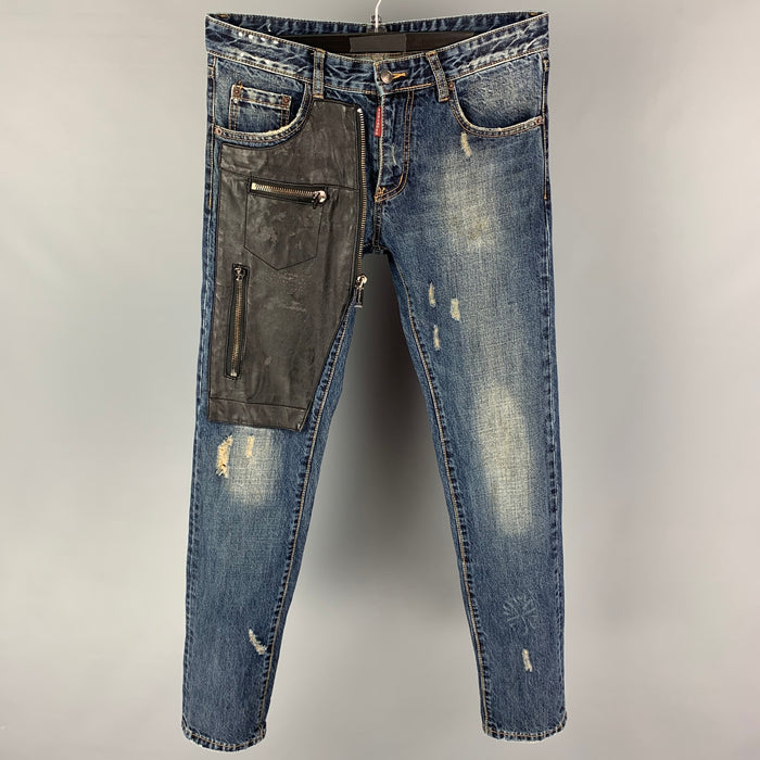 DSQUARED2 Size 32 Blue Black Distressed Cotton Skinny Slim Jeans