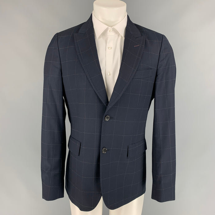 PAUL SMITH Talla 40 Abrigo deportivo de lana con panel de ventana azul marino y marrón