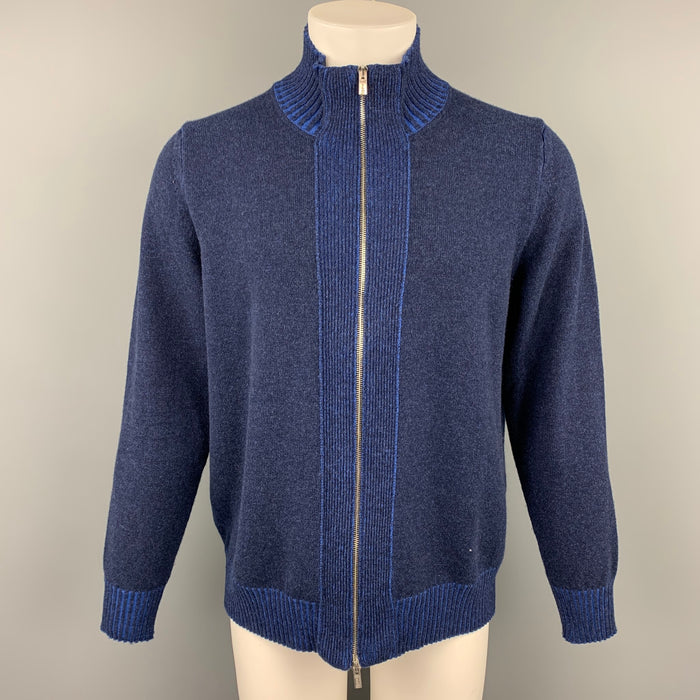KITON Size XL Blue Cashmere Full Zip High Collar Sweater