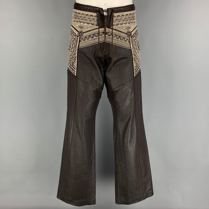 JEAN PAUL GAULTIER 2000 Size 34 Brown White Embroiderey Studed Leather Pants