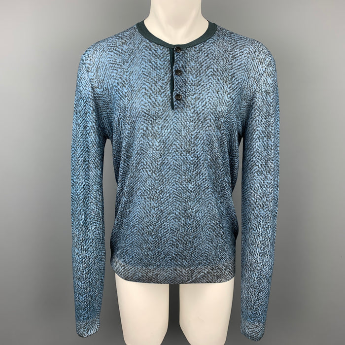 GIORGIO ARMANI Size XXL Blue & Charcoal Print Polyamide Henley Pullover