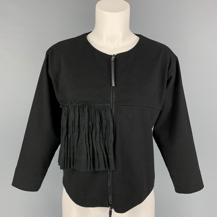 MARNI Size 2 Black Cotton Flax Ruffled 3/4 Sleeves Jacket