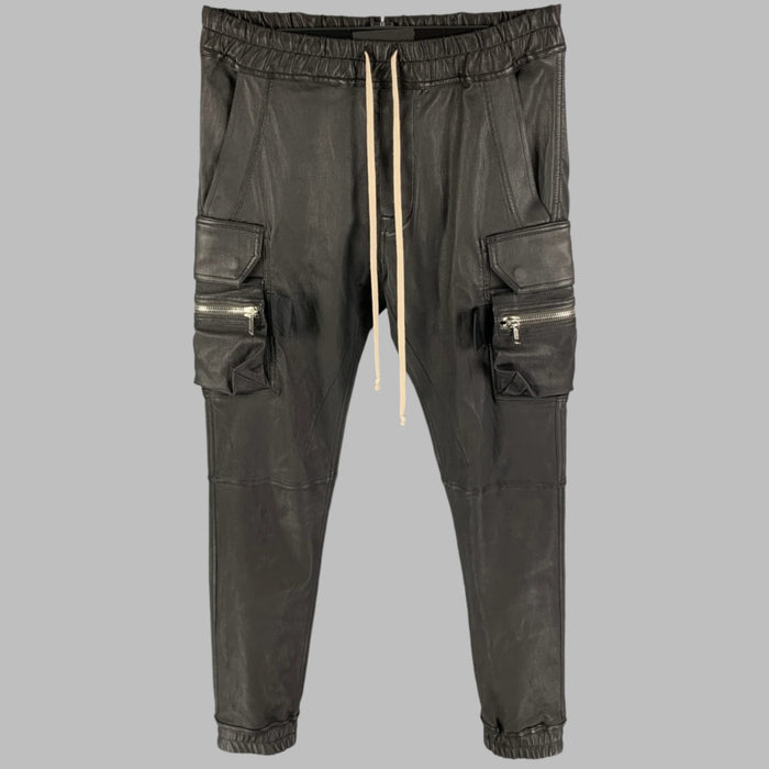 RICK OWENS Gethsemane FW 21 Size 34 Black Leather Mastodon Cargo Pants