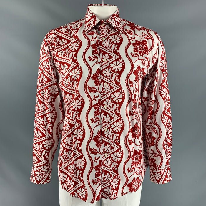 ETRO Size XXL Red White Print Cotton Button Up Long Sleeve Shirt