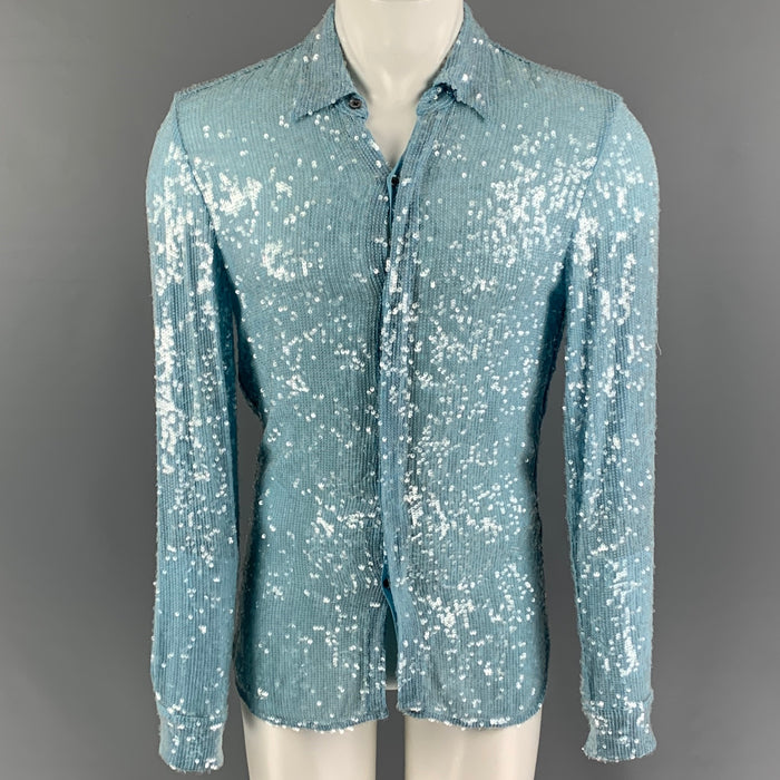 DRIES VAN NOTEN FW 22 Size S Light Blue Sequined Viscose Long Sleeve Shirt
