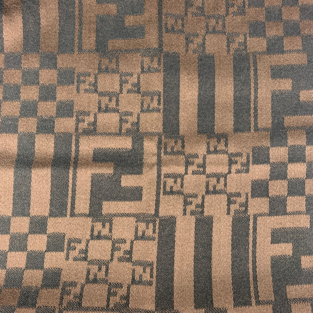 FENDI Brown Black Logo Wool Fringe Scarf