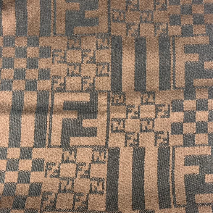 FENDI Brown Black Logo Wool Fringe Scarf