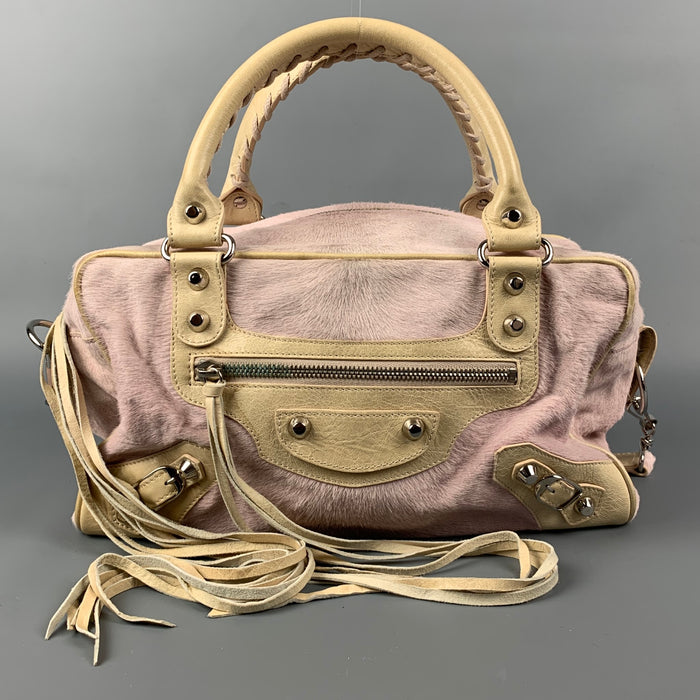 BALENCIAGA Rose & Beige Mixed Fabrics Leather Calf hair Handbag