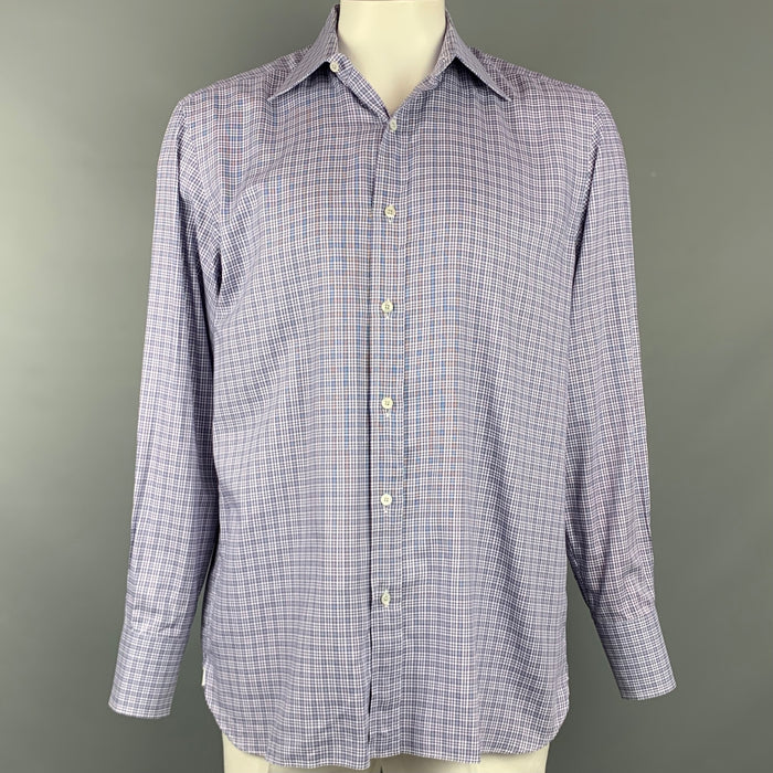 TOM FORD Size XL Navy & White Plaid Cotton Button Up Long Sleeve Shirt