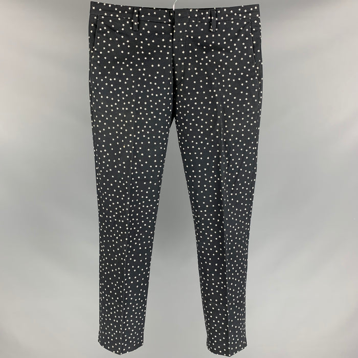 PAUL SMITH Talla 32 Pantalones de vestir con cremallera y algodón con estampado de estrellas en blanco y negro