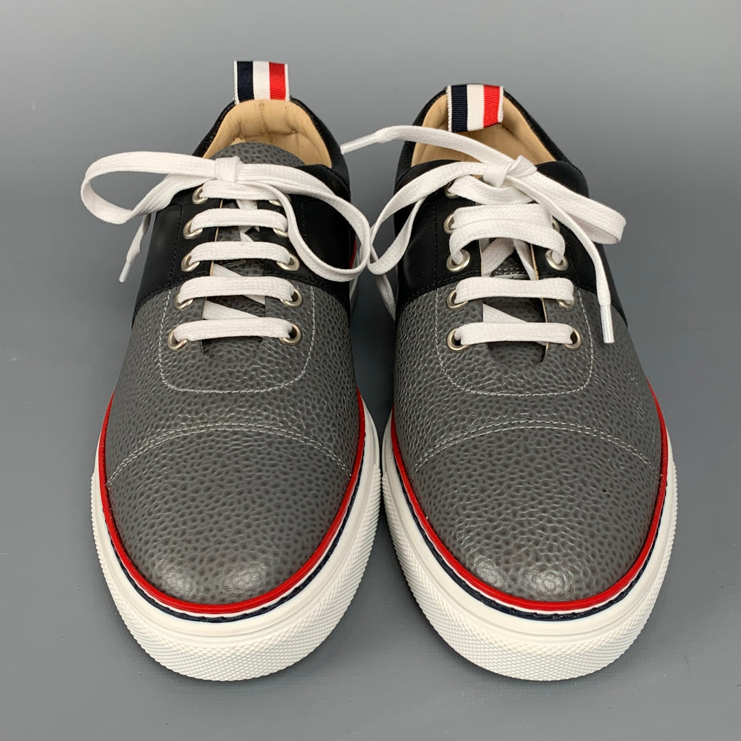 THOM BROWNE Size 6 Grey & Black Color Block Leather Cap Trainer Sneakers