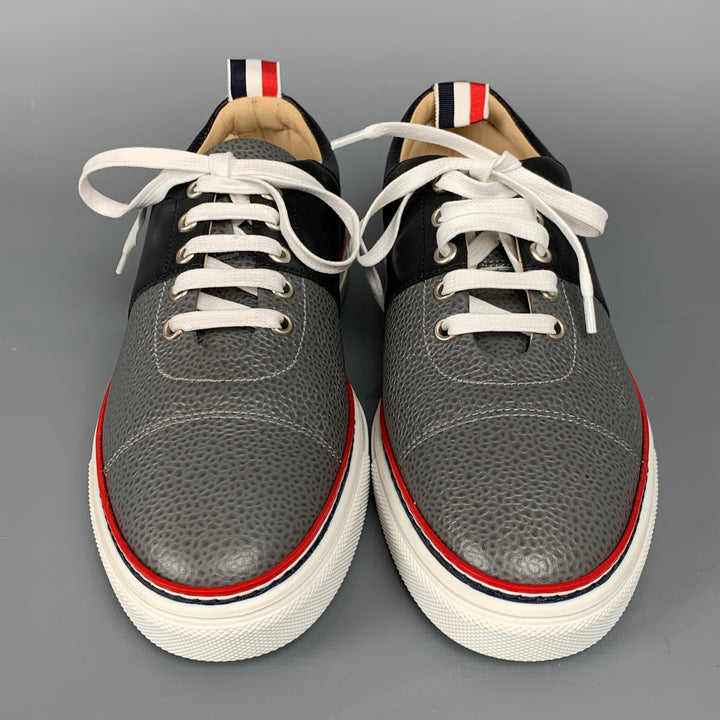 THOM BROWNE Size 6 Grey & Black Color Block Leather Cap Trainer Sneakers