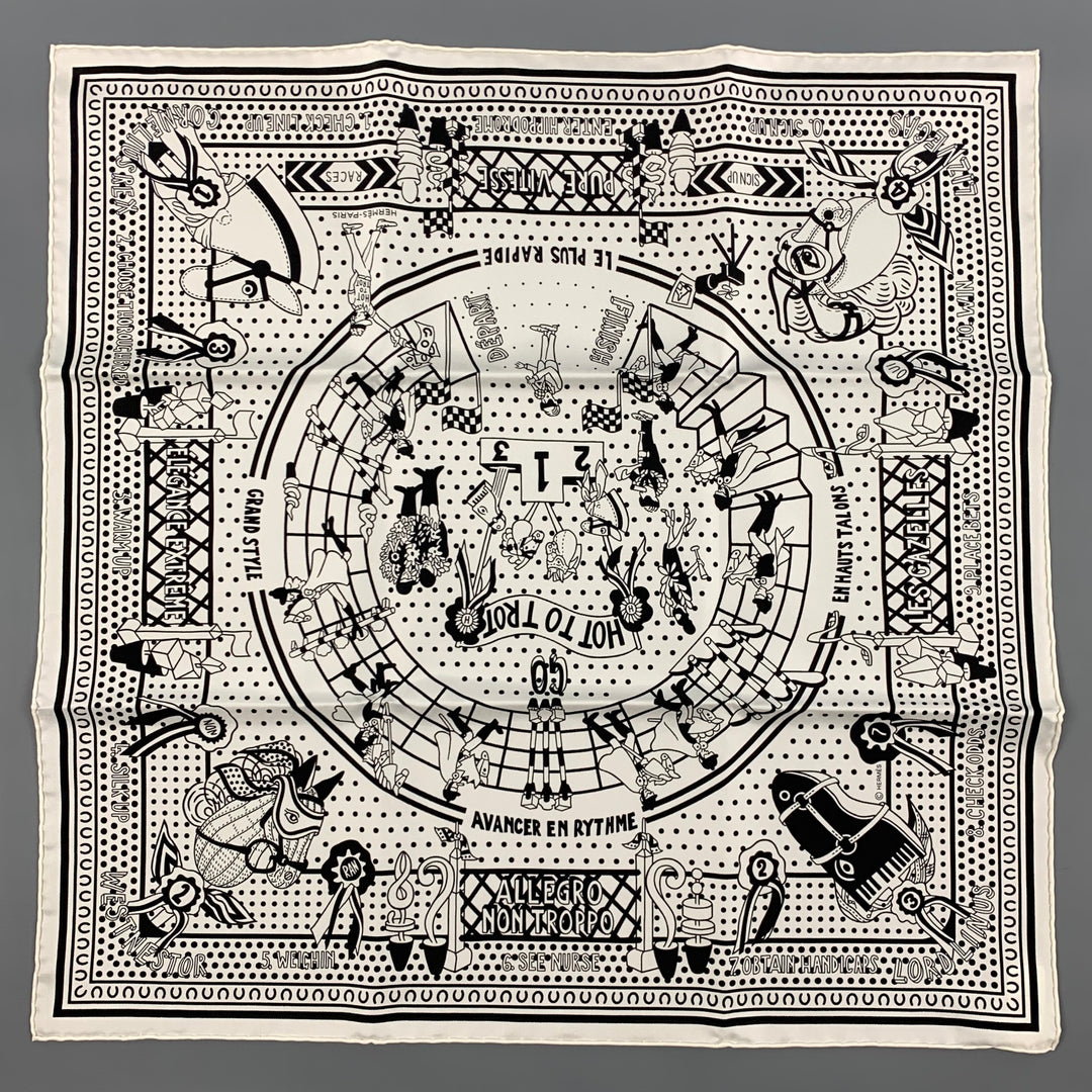 HERMES Hot to Trot Bufanda bandana de sarga de seda blanca y negra