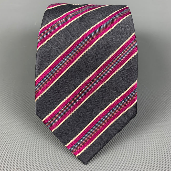 PAUL SMITH Corbata de seda con rayas diagonales gris y magenta