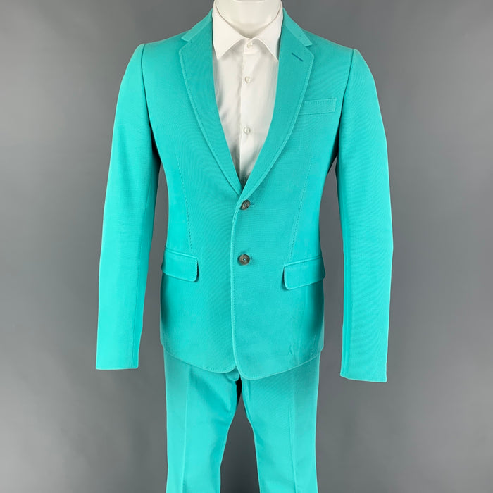 GUCCI Size 38 Teal Textured Cotton Notch Lapel Suit