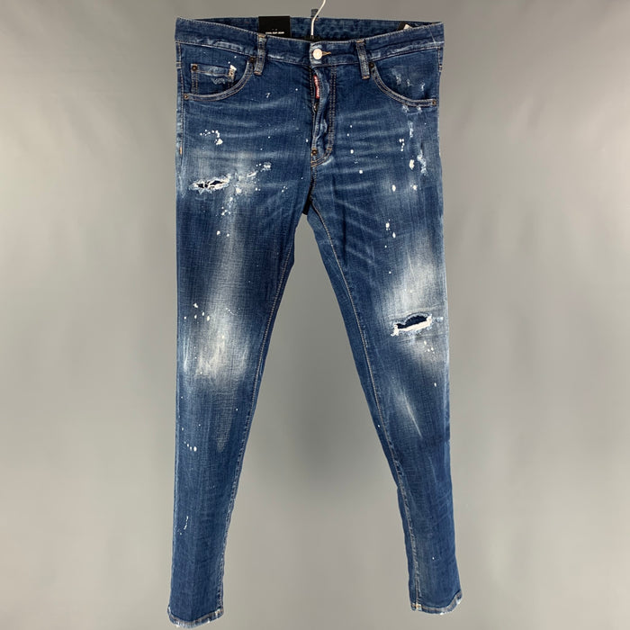 DSQUARED2 Size 32 Blue Distressed Cotton Elastane Button Fly Jeans