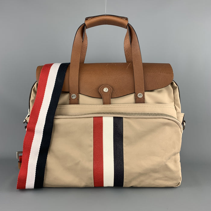 BLACK FLEECE Khaki & Tan Leather Red White & Blue Striped Men's Satchel Bag