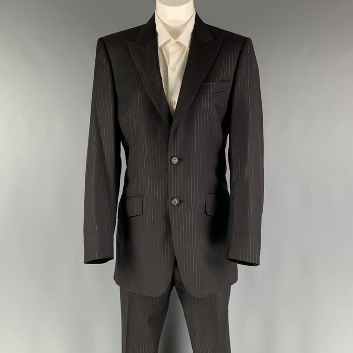 LANVIN Size 36 Black Stripe Wool Peak Lapel 30 28 Suit