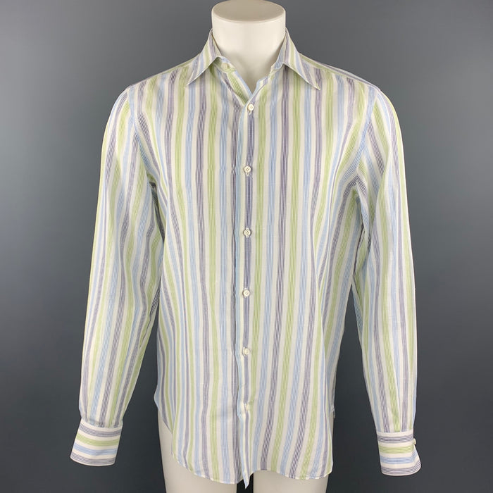 ISAIA Size M Navy & Green Plaid Cotton Button Up Long Sleeve Shirt