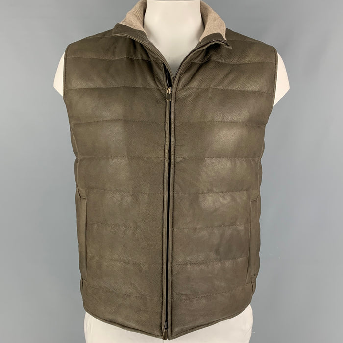 LORO PIANA Size L Olive Quilted Leather Zip Up Vest