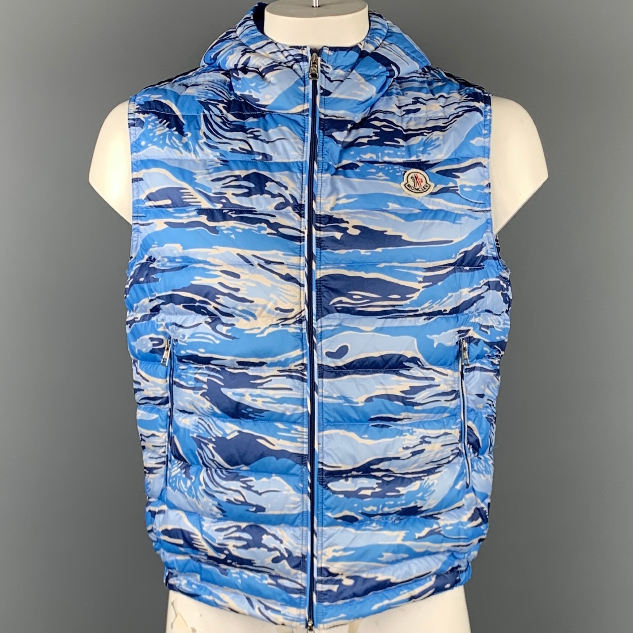 MONCLER Size XXL Blue Camouflage Polyamide Zip Up Hooded Vest