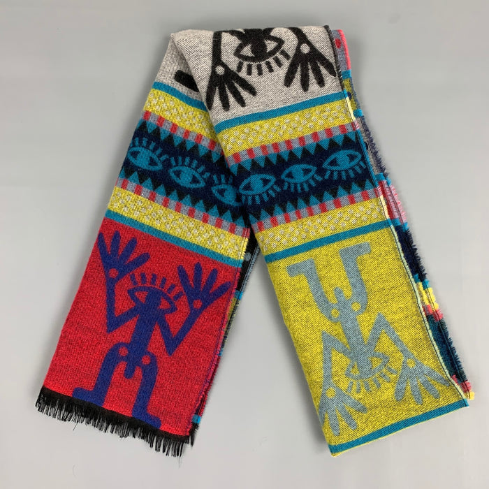 WALTER VAN BEIRENDONCK Multi-Color Print Wool Fringe Scarf
