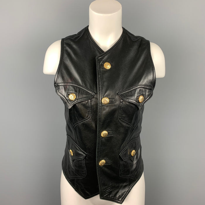 GIANNI VERSACE Size L Black Leather Gold Buttons Vest