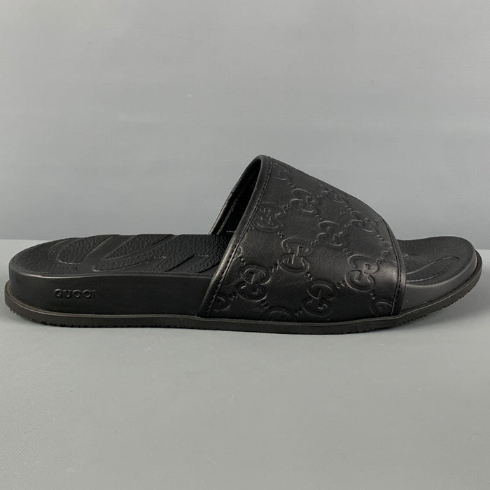 GUCCI Size 12 Black Monogram Leather Slide Sandals