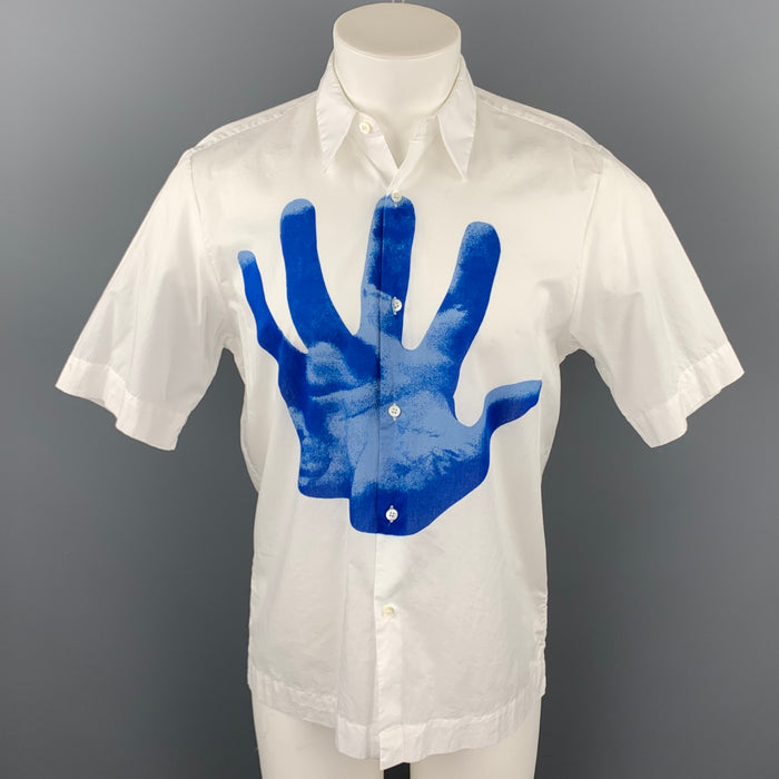 DRIES VAN NOTEN Verner Panton S/S 19 Size M White & Blue Hand Print Cotton Button Up Short Sleeve Shirt