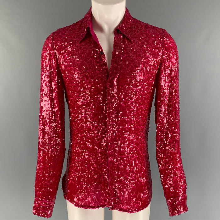 DRIES VAN NOTEN Size S Red Sequined Viscose Hidden Placket Long Sleeve Shirt