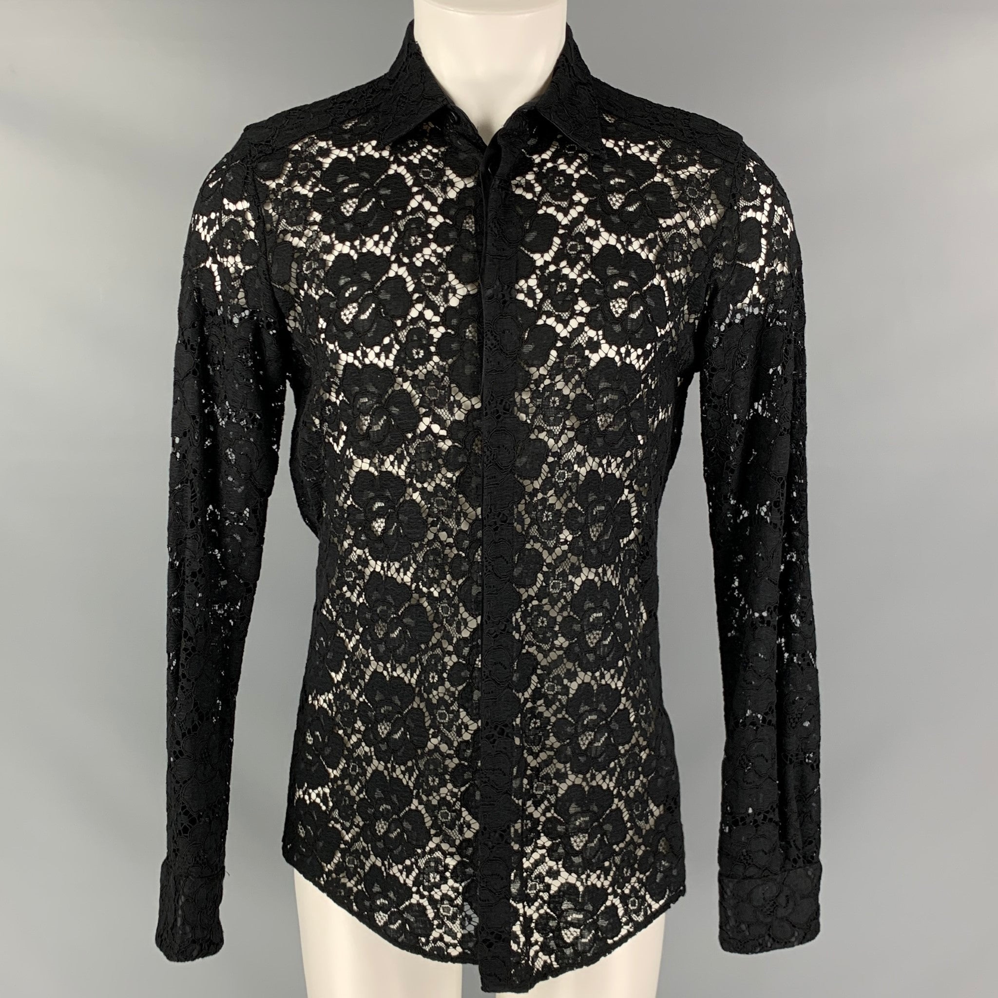 Black Collared Top - Sheer Lace Top - Long Sleeve Button-Up Top