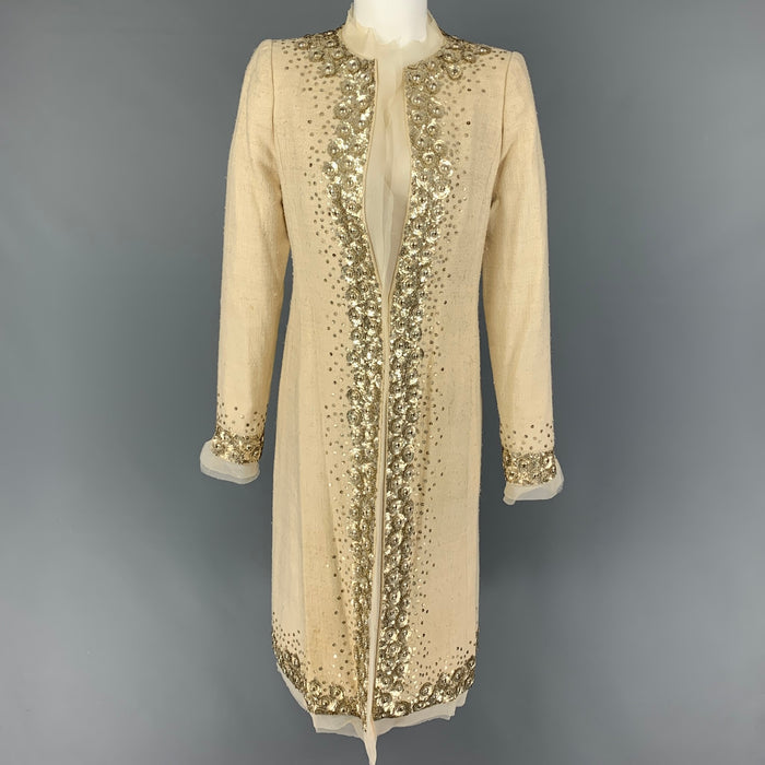 OSCAR DE LA RENTA Size 6 Beige Sequined Open Front Coat