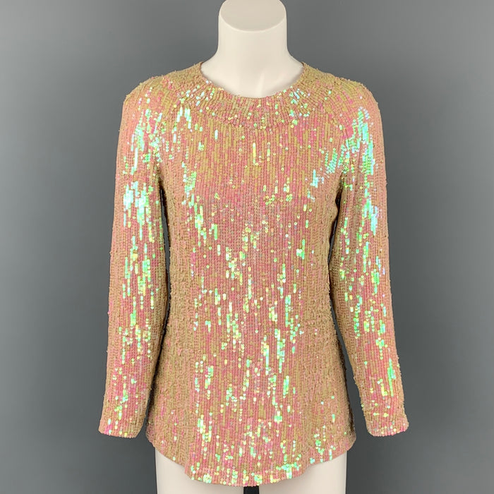 DRIES VAN NOTEN Size 8 Iridescent & Nude Sequin Silk Dress Top