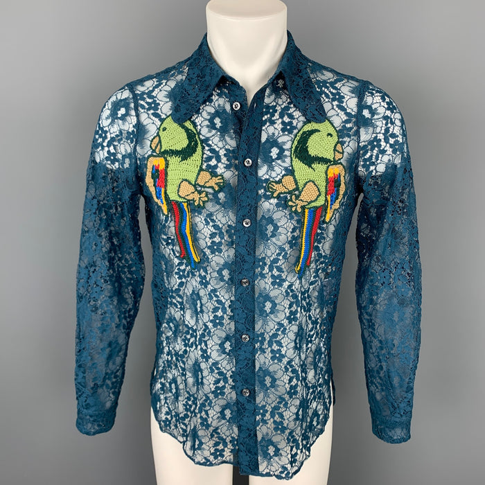 GUCCI S/S 16 Size S Teal Sheer Lace Embroidery Polyamide Blend Long Sleeve Shirt