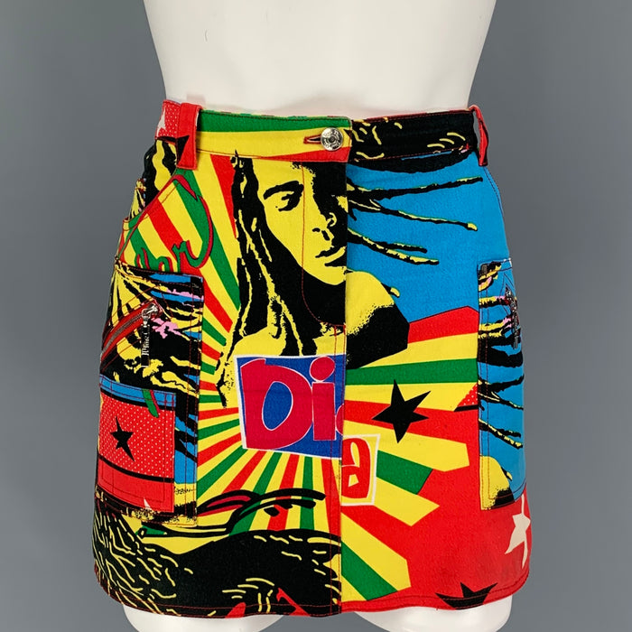 CHRISTIAN DIOR SS04 Rasta Mania Taille 8 Mini-jupe graphique en coton Lycra multicolore