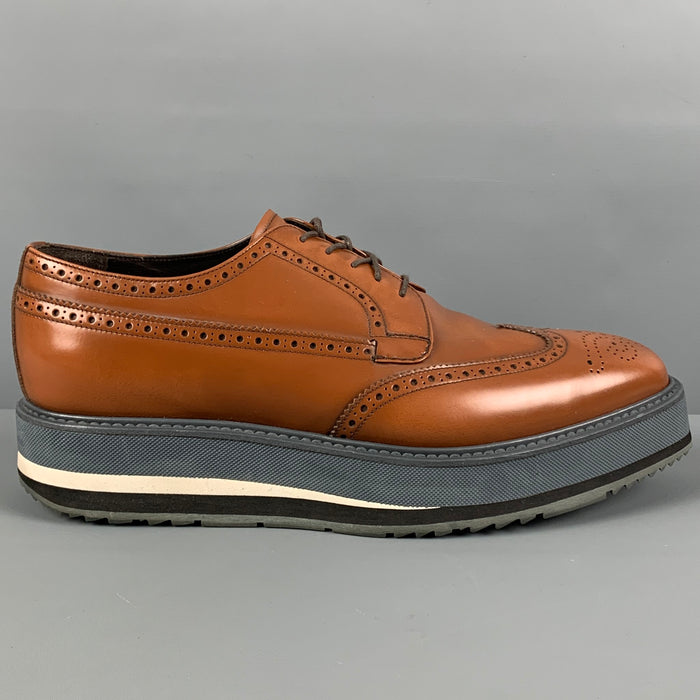 PRADA Size 9.5 Tan Grey Perforated Leather Platform Lace Up Shoes