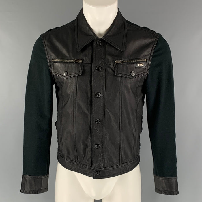 EMPORIO ARMANI Size M Black Sheepskin Leather Cotton Trucker Jacket
