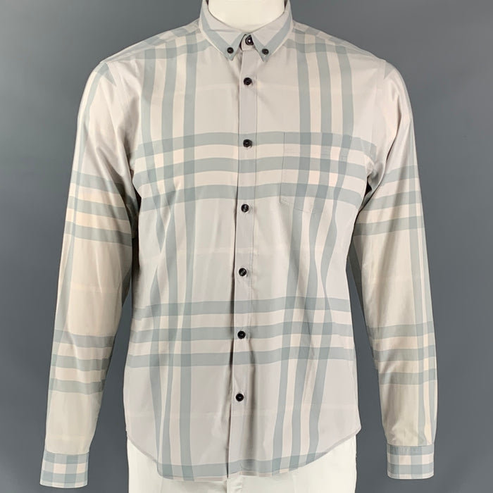 BURBERRY BRIT Size L White & Grey Plaid Cotton Button Down Long Sleeve Shirt