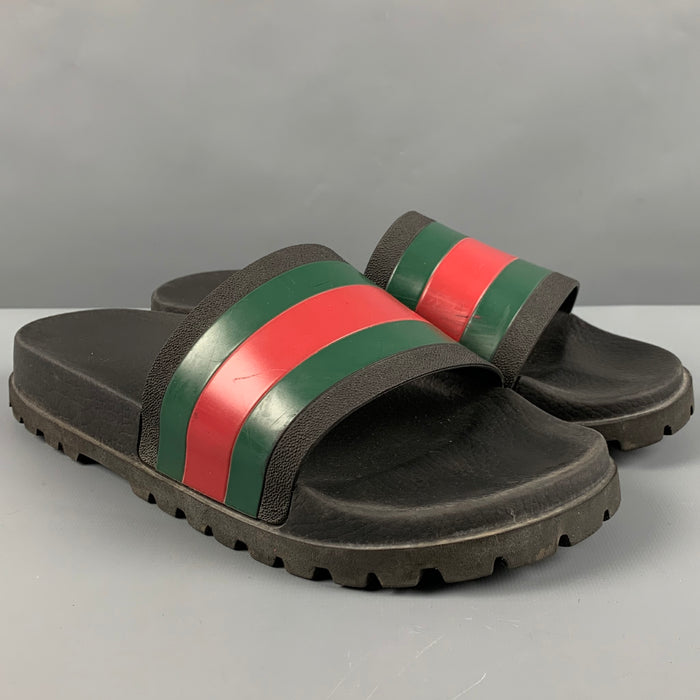 GUCCI Size 10.5 Black Green Red Stripe Rubber Sandals