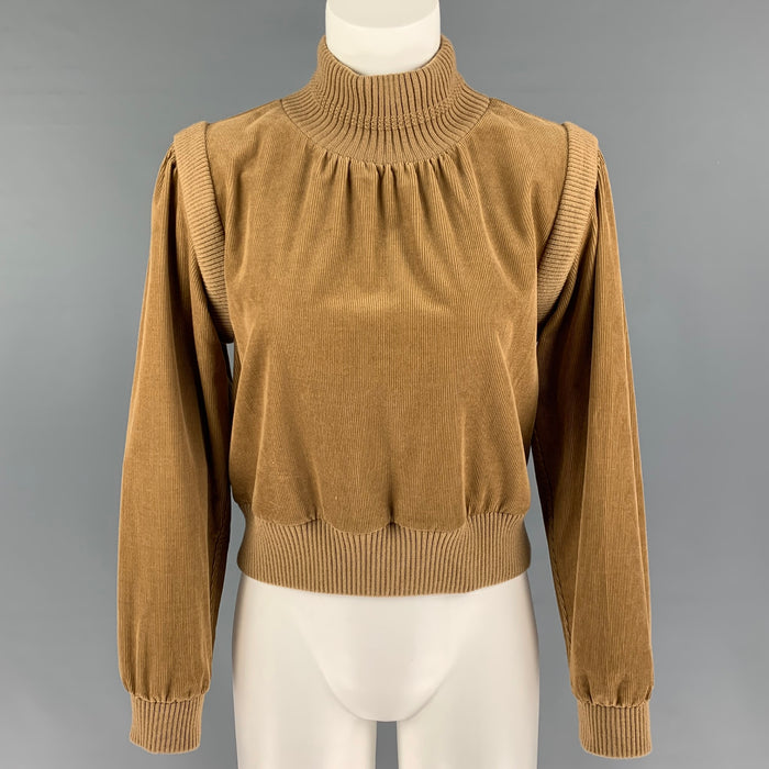 SAINT LAURENT Size 2 Tan Cotton Ribbed Turtleneck Pullover