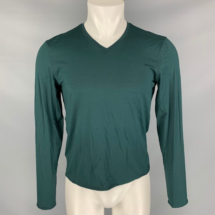 PRADA Size M Forest Green Solid Silk & Elastane V-Neck Long Sleeve Shirt