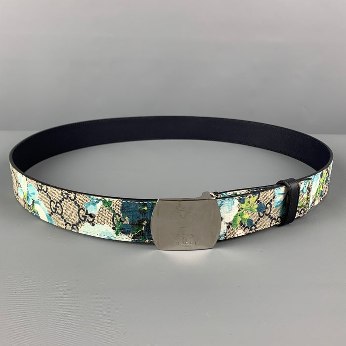 GUCCI Size 40 Blue White Floral Monogram Leather Belt