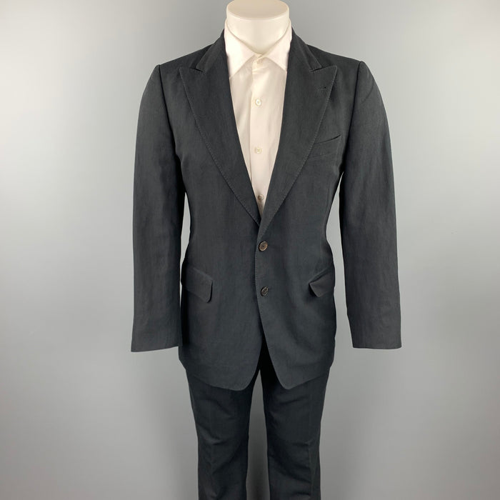 DRIES VAN NOTEN Size 38 Regular Black Pinstripe Linen / Cotton Peak Lapel Suit