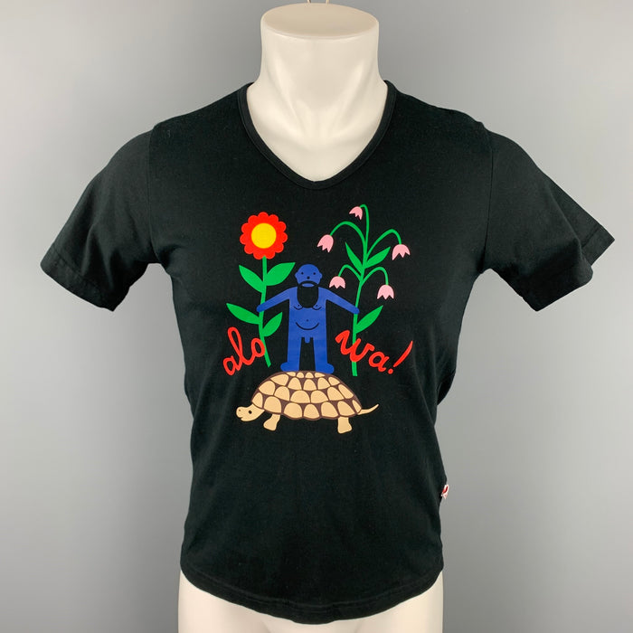 WALTER VAN BEIRENDONCK Size M Black Graphic Cotton V-Neck T-shirt