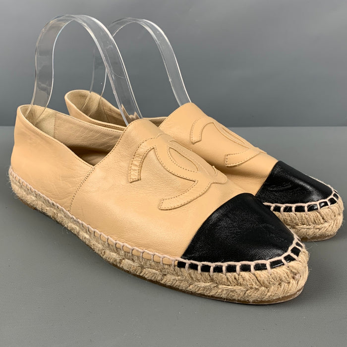 CHANEL Size 11 Beige Black Leather Lamb Skin Espadrille Flats